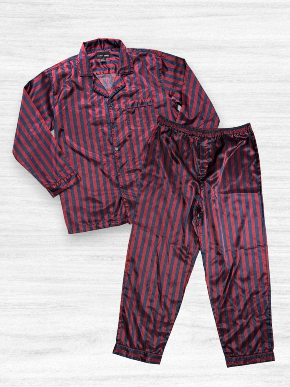 Robert Louis 2-PC Silk Pajama Set Burgundy Navy Stripe Lounge Sleepwear Mens L